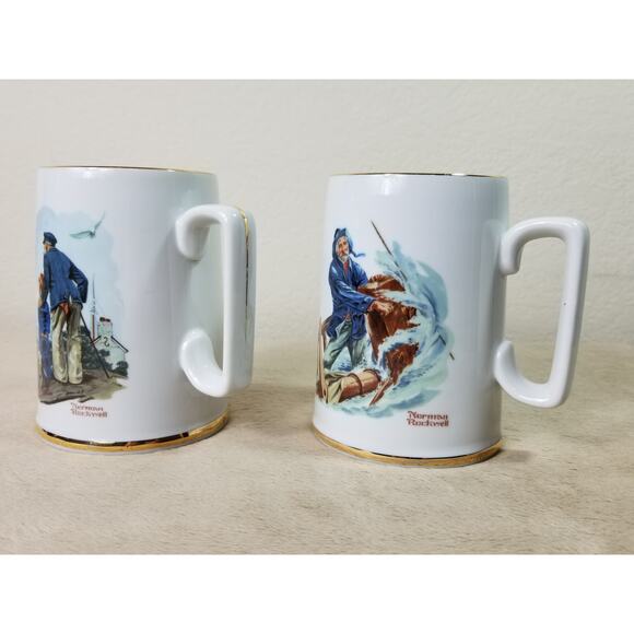 Norman Rockwell Coffee Mug Tea Cup 4 1/2" Gold Trim 1985 Drinkware 11oz x2 - Picture 4 of 12